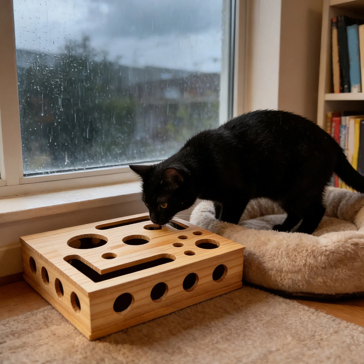 A black cat sniffing into the maze box by a window