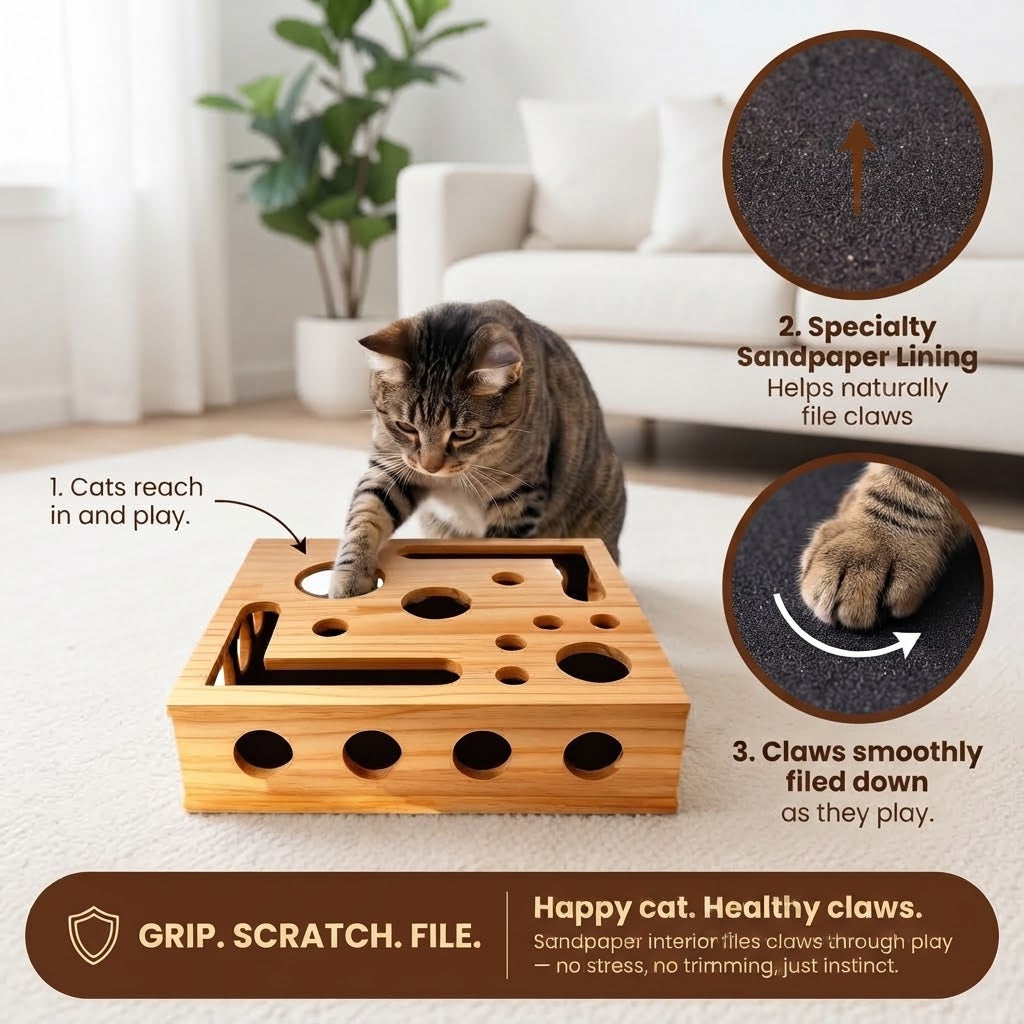 How it works: cats reach in and play, the sandpaper lining files their claws