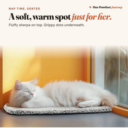 A white cat asleep on the nap pad by a window