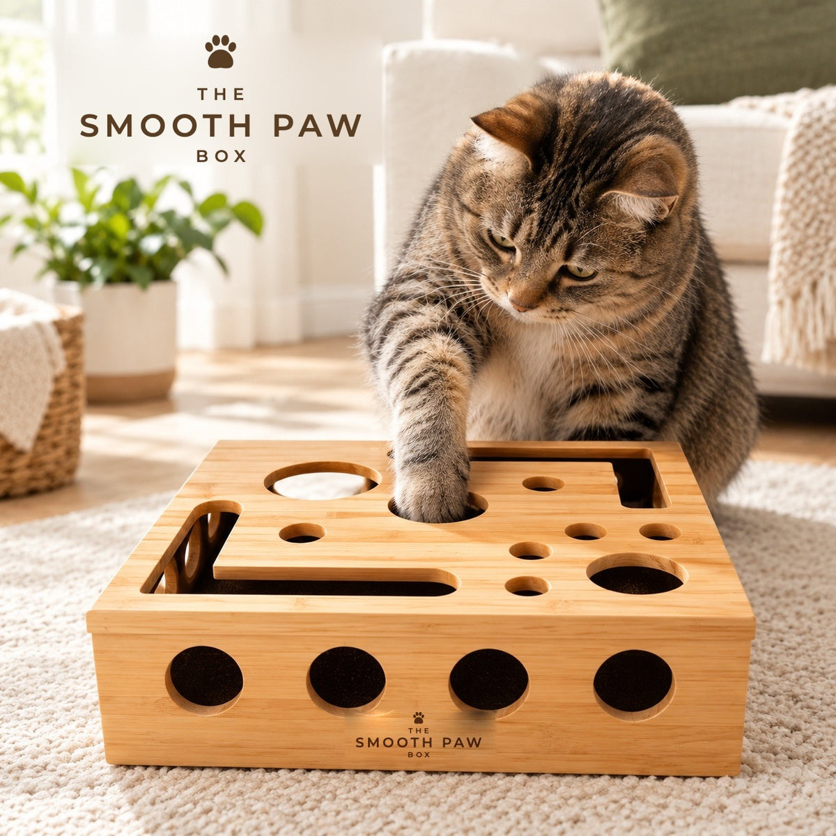 A tabby cat's paw in a hole of the Smooth Paw Box