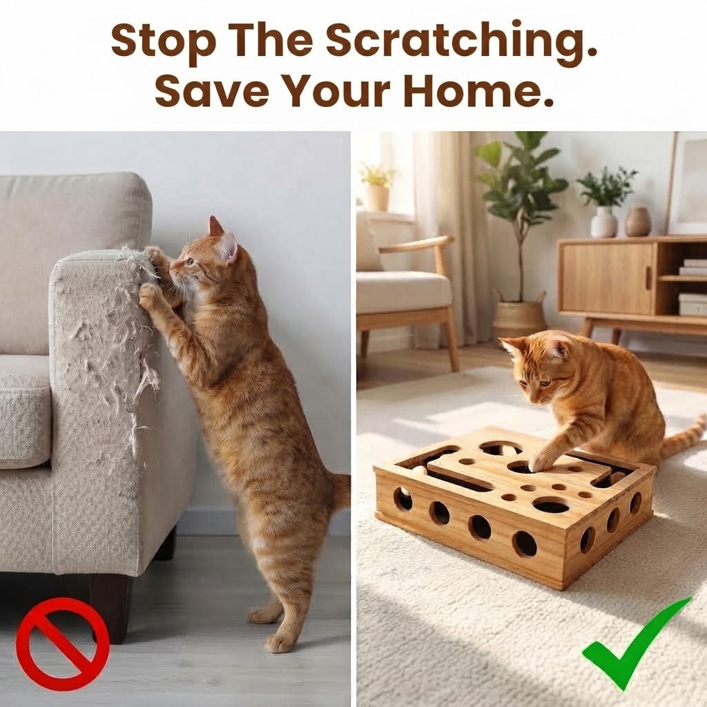 Stop the scratching: a cat scratching a sofa, and the same cat using the Smooth Paw Box